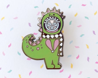 Sleeping Sloth Wearing A Dinosaur Pin, Green And Purple Hard Enamel Godzilla Badge, Perfect Small Illustrated Gift