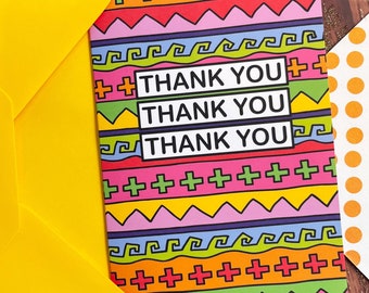 Thank You Card, Retro 90s Print Friendship Jazzy, Mother’s Day, Anniversary, Patterned Greetings Card, Appreciation, Bright Colourful Neon