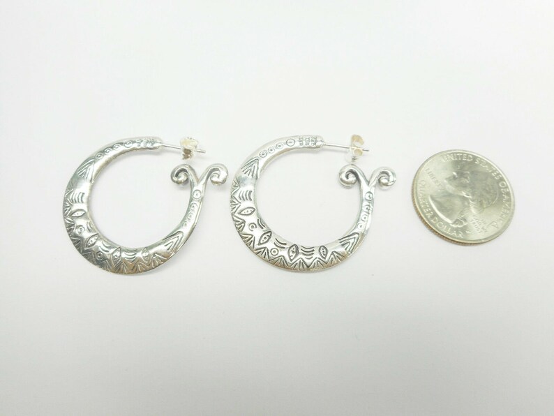 Designer Quality Sterling Silver Etched Tribal Designed Hoop Earrings Hoops