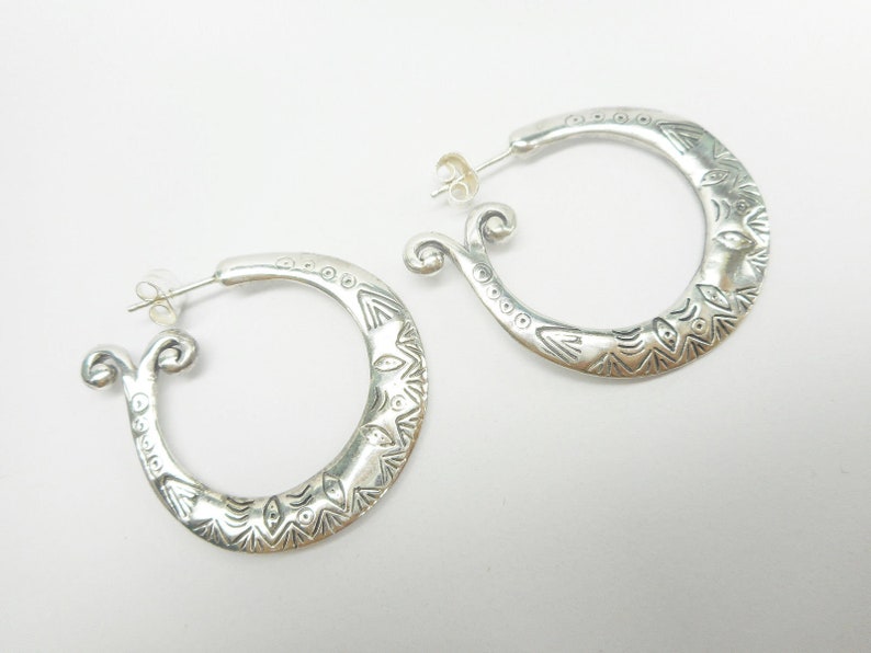 Designer Quality Sterling Silver Etched Tribal Designed Hoop Earrings Hoops