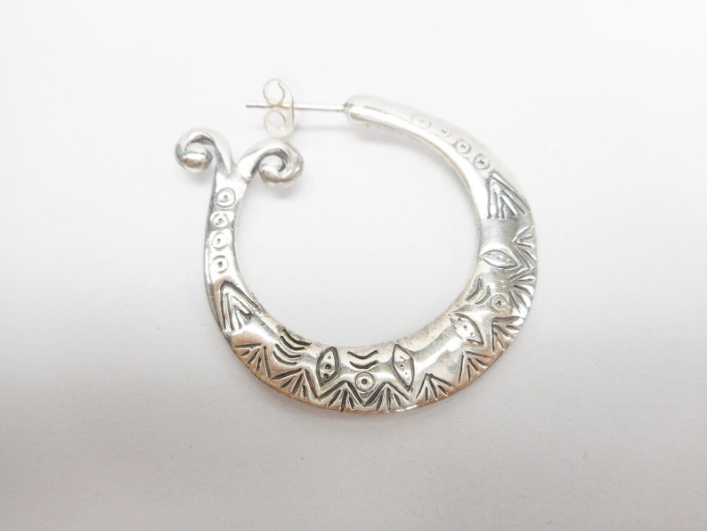 Designer Quality Sterling Silver Etched Tribal Designed Hoop Earrings Hoops