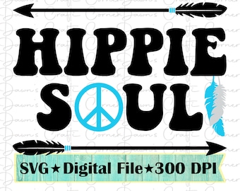 SVG de alma hippie: Símbolo de la paz, flecha y plumas (Descarga digital)