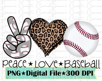 Peace Love Baseball PNG: Leopard Heart, Peace Sign (Digital Download)