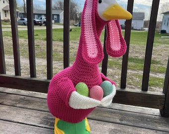 Crochet Easter Bunny Goose Outfit for 23" Lawn Goose, Hot Pink Easter Decor, Goose Costume with Eggs, Spring Porch Decor