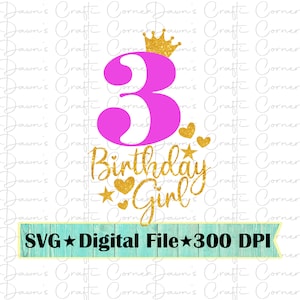 3rd Birthday Girl Shirt SVG: Crown & Hearts (Digital Download)