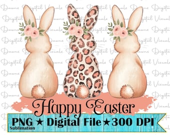 Easter Bunnies PNG: Leopard Print, Floral Design (Digital Download)