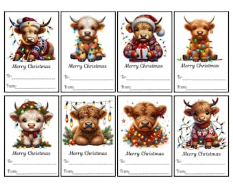 Christmas Highland Cow Gift Tags, Printable Set of 24 (Digital Download)
