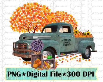 Fall Blue Truck Pumpkin Patch Sublimation Design (PNG)