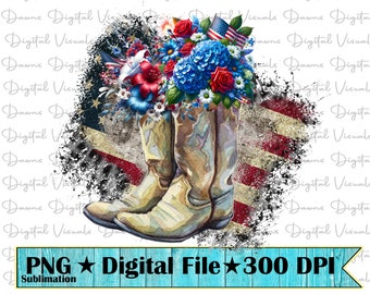 Amerikanische Flagge Cowboy Boots PNG: Vaterländisches Blumenmuster (Digitaler Download)