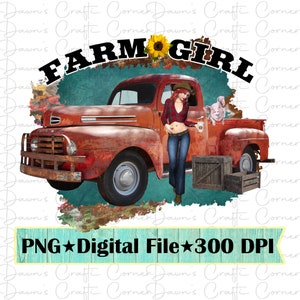 Fille de ferme ; Fille de ferme Png; camion d'époque ; Sublimation de fille de ferme ; Fille de ferme ; Vieux camion rouge ; Vieux camion png; Fille et camion ; Ferme png; Fille de ferme