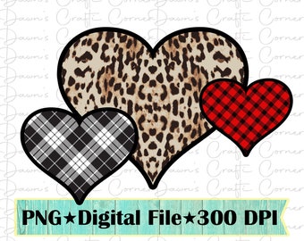 Valentine Hearts PNG: luipaard, geruit sublimatieontwerp (digitale download)