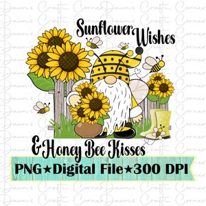 Girasol Png; Gnomo girasol png; Deseos de girasol y besos de abeja melífera; Diseño de sublimación; Gnomo de verano png; Gnomo; Gnomo de girasol Png
