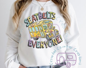 Sudadera de cuello redondo "Seat Belts Everyone", Magic School Bus, Ms Frizzle, dibujos animados de la vieja escuela, profesor, regreso a clases