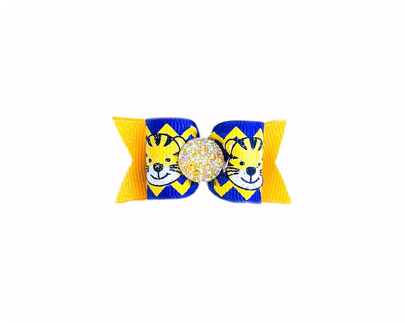 LSU Tiger Paw Pet Hair Bows Double Elastic Bands Purple and Gold Football Bows Chevron and Polka Dots and Tiger Stripes Dog Hair Bows