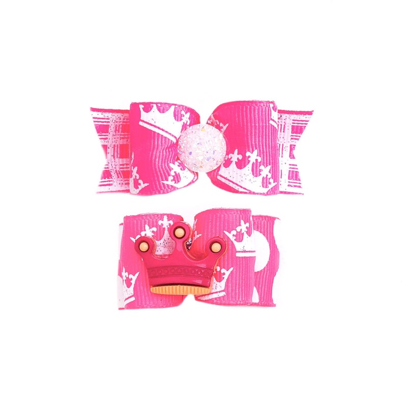 Crowns Princess Tiara Hot Pink and White Glitter Dog Bow Birthday Barrette or Elastics Dog Hair Bows