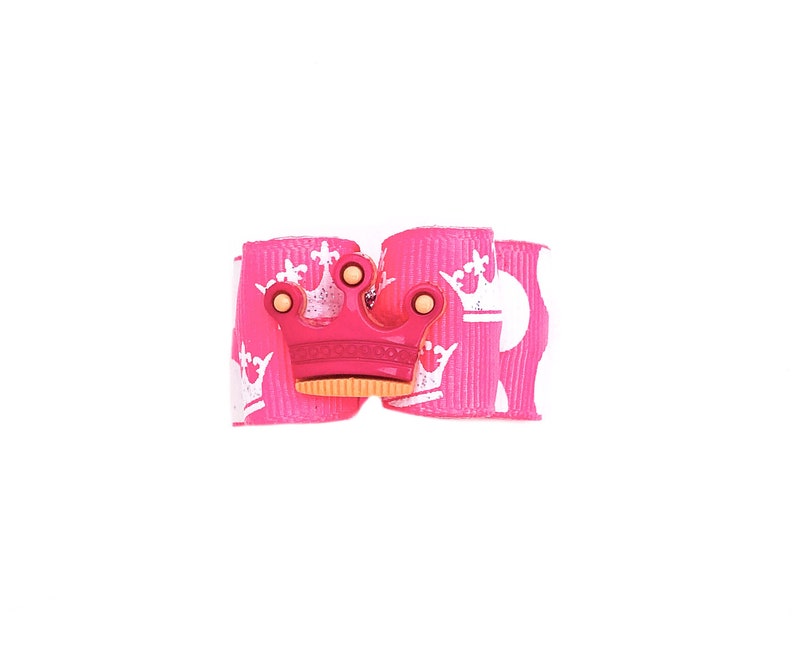 Crowns Princess Tiara Hot Pink and White Glitter Dog Bow Birthday Barrette or Elastics Dog Hair Bows