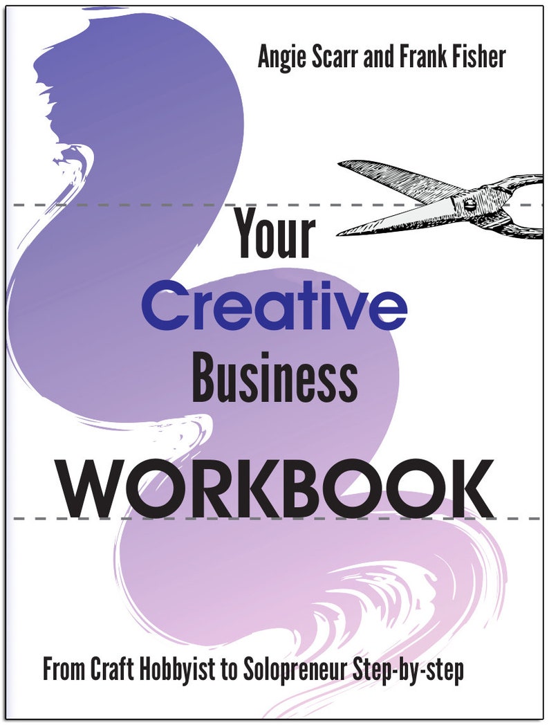 Puede incluir: Una ilustraci&oacute;n de estilo acuarela en color morado y blanco de un remolino con el texto "Your Creative Business WORKBOOK" y las palabras "From Craft Hobbyist to Solopreneur Step-by-step" en la parte inferior.