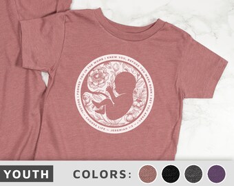 YOUTH Floral Pro-Life Anti-Abortion Kids Tee | 10% OF Profits Donated | Knit In The Womb Jeremiah 1:5 Bible Verse T-shirt | Christian Tee