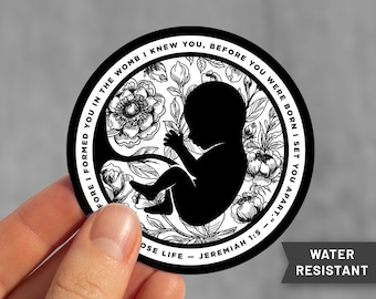 Floral Pro-Life Anti-Abortion Round Sticker | Water-Resistant Laminated Vinyl | Jeremiah 1:5 Bible Verse | Christian Choose Life Sticker