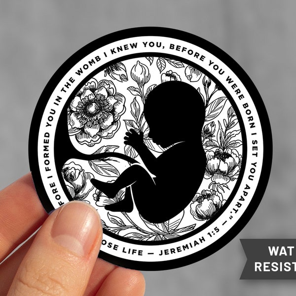 Floral Pro-Life Anti-Abortion Round Sticker | Water-Resistant Laminated Vinyl | Jeremiah 1:5 Bible Verse | Christian Choose Life Sticker