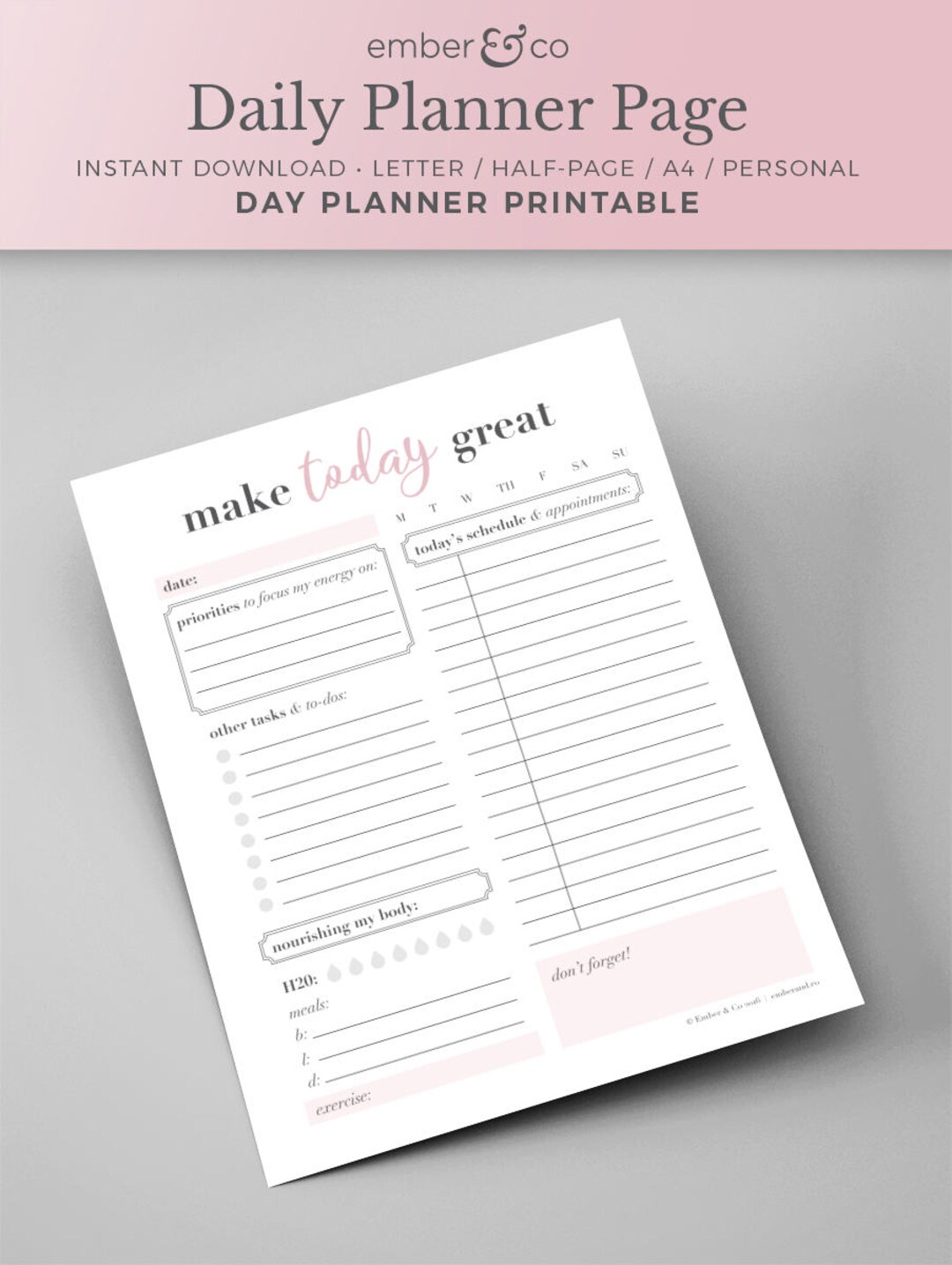 Daily Planner Printable / Letter, Half Page, A4, Personal / Pink ...