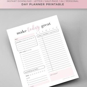 Daily Planner Printable / Letter, Half Page, A4, Personal / Pink ...