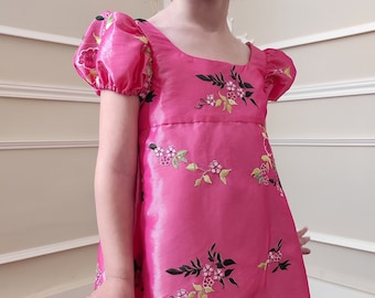 Pink embroidered taffeta Regency dress, size 3 to 12 years