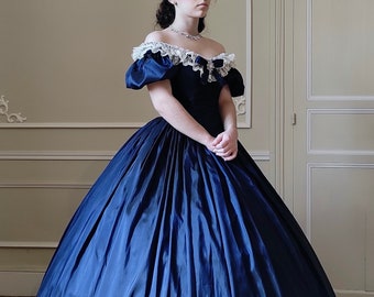 Second Empire dress 1850-1860, XXS to 3XL in midnight blue taffeta
