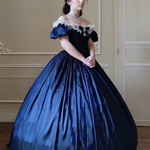 Second Empire dress 1850-1860, XXS to 3XL in midnight blue taffeta