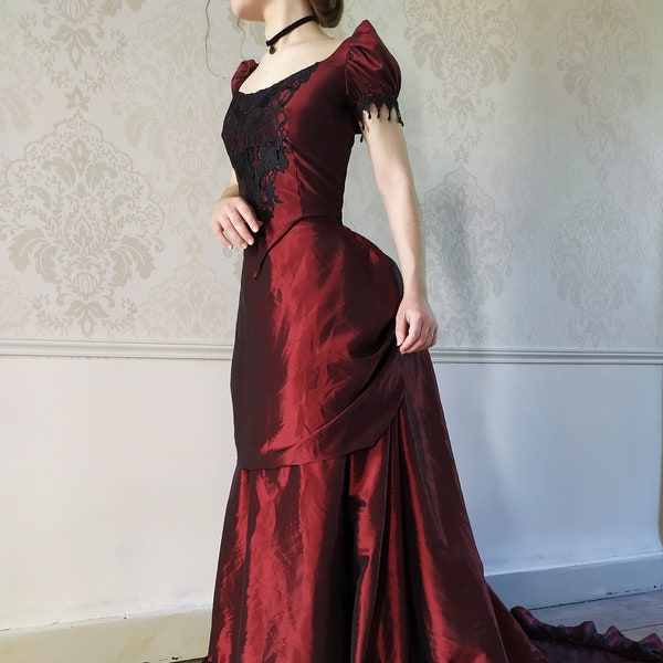 Victorian burgundy taffeta ball gown