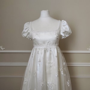 1st Empire/Regency wedding dress, embroidered tulle and ivory lace