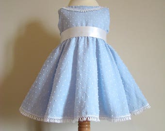 Vintage baby dress in sky blue cotton with white polka dots in 3D relief