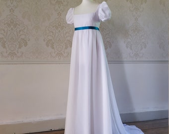 1st Empire dress in white muslin, 8 ribbon colors to choose from