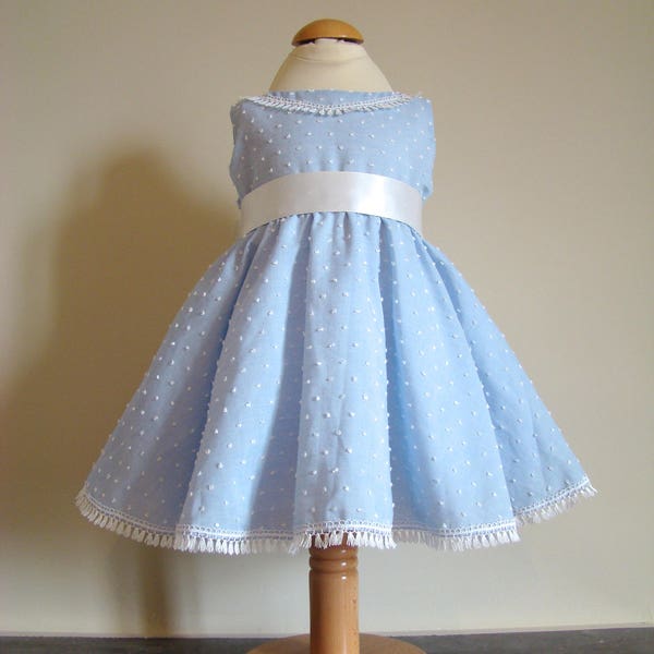 Robe bébé Vintage en coton bleu ciel à pois blanc en relief 3D