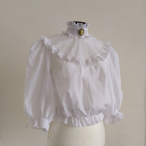 Chemisier blouse 1900 femme en coton, blanc avec dentelle