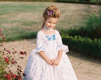 18th century dress for girl Marie-Antoinette style in floral cotton from 4 to 10 years old