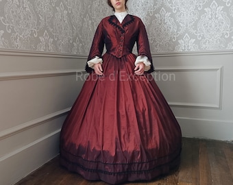 Second Empire dress 1850-1860, XXS to XL copper brown taffeta