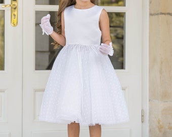 Ceremonial dress in white plumetis tulle, for girls Birth to 8 years