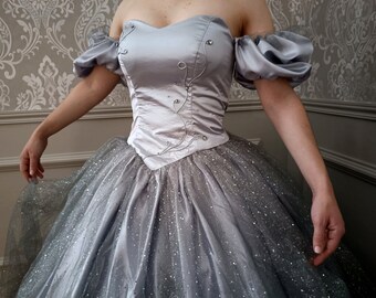 "Moon" wedding dress in light gray duchess satin and sequined silver tulle