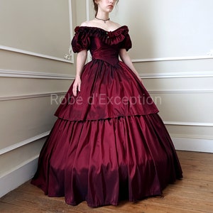 1850 dress in burgundy taffeta, Second Empire Victorian Sissi