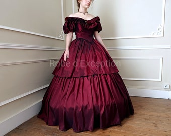 1850 dress in burgundy taffeta, Second Empire Victorian Sissi