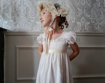 Robe fille Régence Jane Austen avec chapeau, en coton du 2 au 12 ans