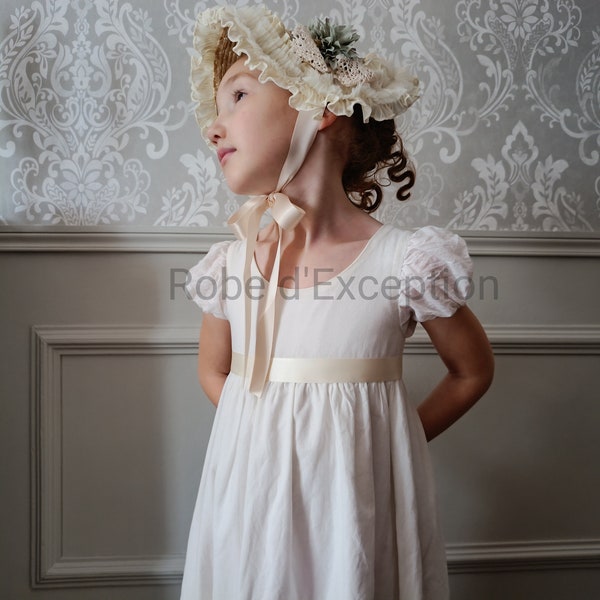 Robe fille Régence Jane Austen avec chapeau, en coton du 2 au 12 ans