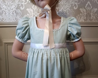 Regency Jane Austen girl's dress, in organic cotton in verdigris color