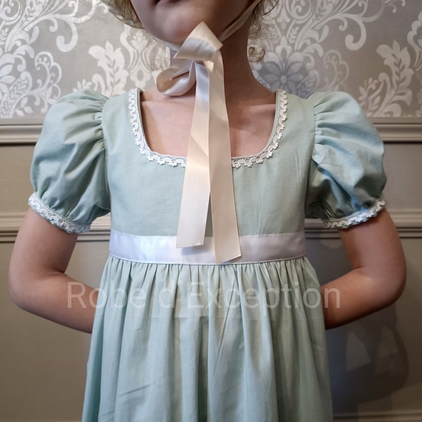 Robe fille Régence Jane Austen, en coton Bio couleur vert de gris