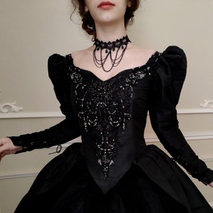 Renaissance style queen dress in black wild silk for weddings, historical themes, all events image 2