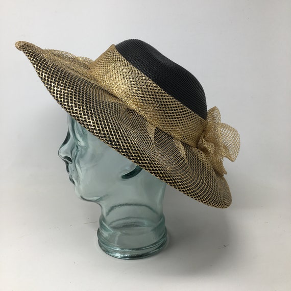 Vintage Black and Gold Wide Brim Summer Hat Bow D… - image 1