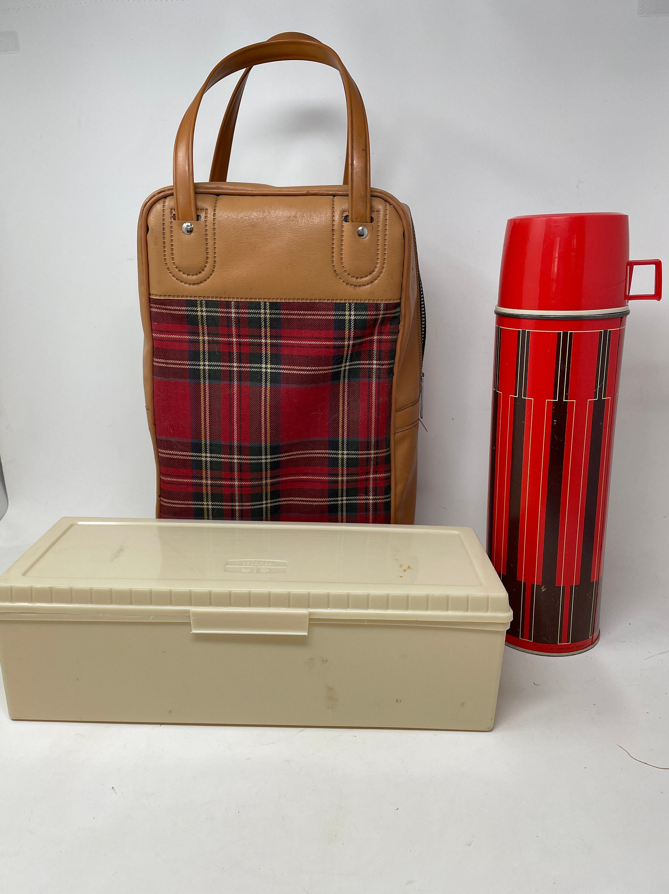 Vtg Aladdin Dual Thermos Lunch Box Picnic Set Brown Zip Leather Carrying Bag