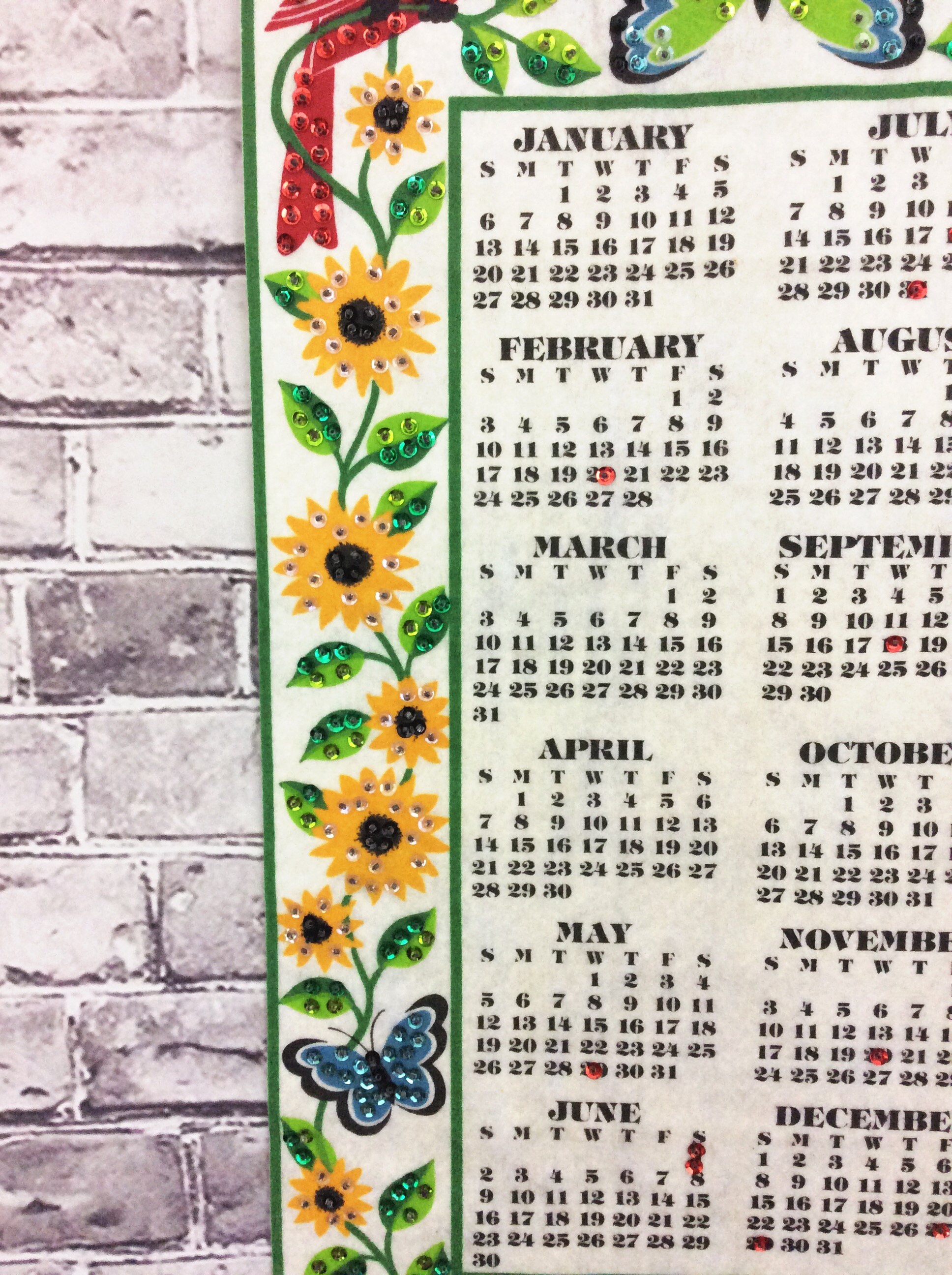 Vintage Cloth Calendar 1980 Birds Sunflowers Wall Hanging Etsy