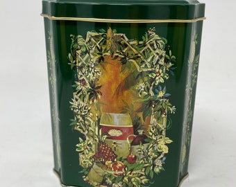 Vtg Christmas Tin Green Floral Pineapple Pattern Made in England Avon 1981